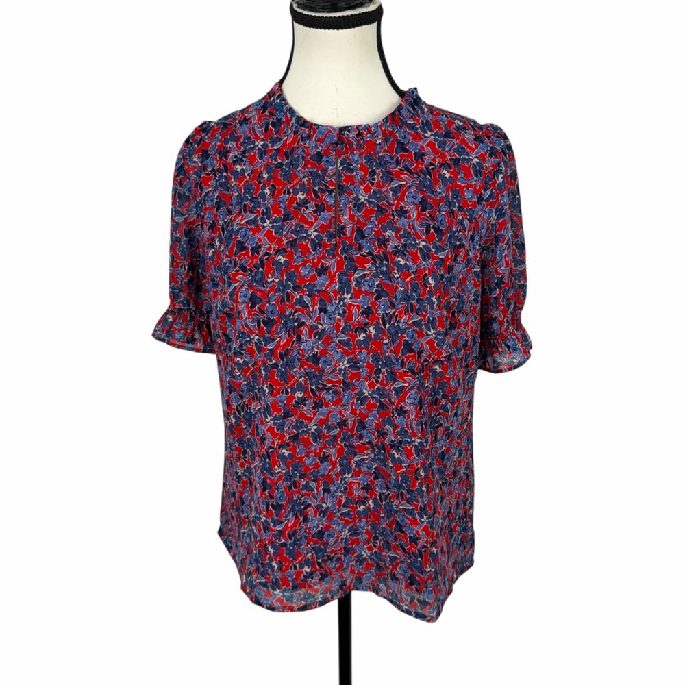 J.Crew Red Blue Floral Top Cottagecore Romantic Boho Soft Academia ShortSleeve S - Picture 2 of 11